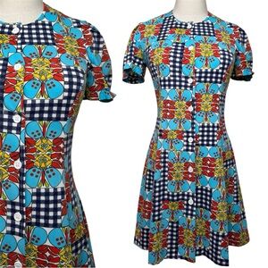 Vintage 70's French Psychedelic Mod Gingham Plaid Floral Puff Sleeve Mini Dress